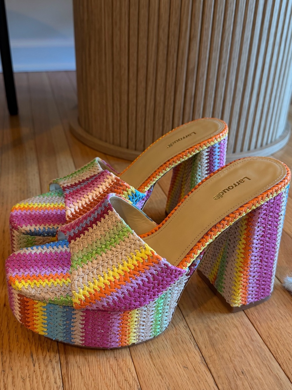 Larroude Raffia Platform Mules